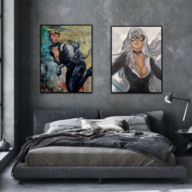 Картина под названием "black cat Woman" - Dina Telesheva, Подлинное произведение искусства, Акрил Установлен на Деревянная р…
