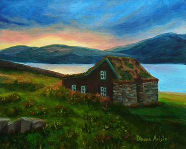 Painting titled "House by the lake" by Dinara Aristo, Original Artwork, Oil