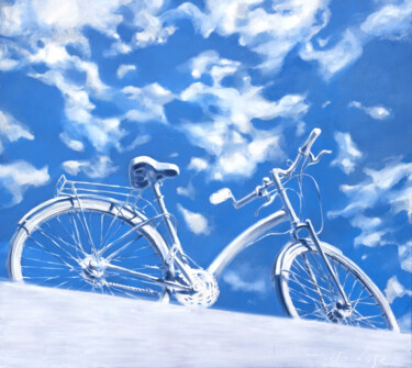 Painting titled "Skycycle" by Dita Lūse, Original Artwork, Oil Mounted on Wood Stretcher frame