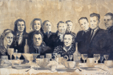 Painting titled "Post-War Reunion" by Dita Lūse, Original Artwork, Oil Mounted on Wood Stretcher frame