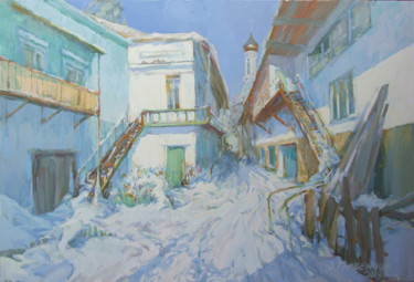 Painting titled "Sudden snow" by Elena Hlavenchuk, Original Artwork, Oil Mounted on Wood Stretcher frame