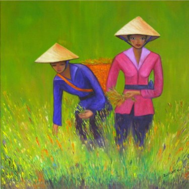 Pittura intitolato "la récolte du riz" da D Laure, Opera d'arte originale, Olio