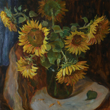 绘画 标题为“Sunflowers Near The…” 由Nikolay Dmitriev, 原创艺术品, 油 安装在木质担架架上