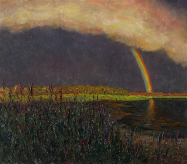 Painting titled "Rainbow landscape p…" by Nikolay Dmitriev, Original Artwork, Oil Mounted on Cardboard