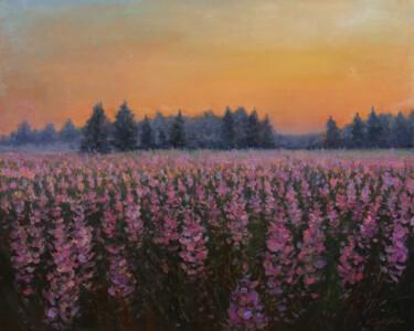 Painting titled "Sunset over the pur…" by Nikolay Dmitriev, Original Artwork, Oil Mounted on Wood Stretcher frame