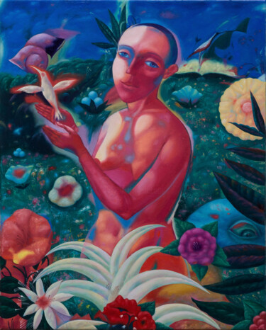 Painting titled "Eva with white berd…" by Dmitrii Ryzhikov, Original Artwork, Oil Mounted on Wood Stretcher frame