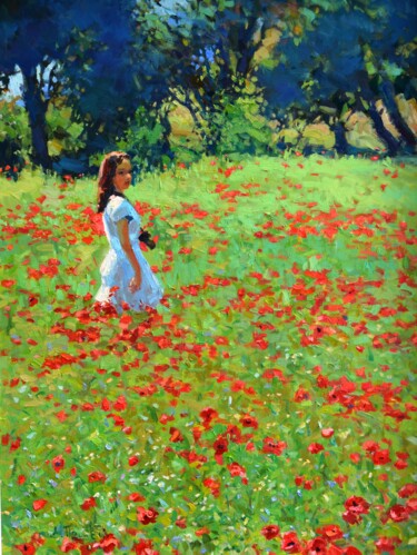 Painting titled "a girl in a clearing" by Dmitrii Pashkov, Original Artwork, Oil