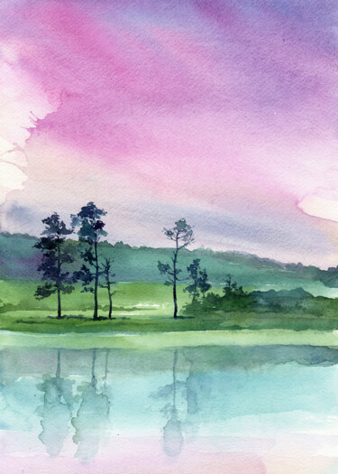 Painting titled "landscape with pink…" by Dmitriy Shvetsov, Original Artwork, Watercolor