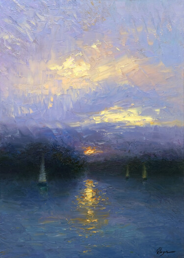 Painting titled "Evening river" by Dmitry Oleyn, Original Artwork, Oil Mounted on Wood Stretcher frame