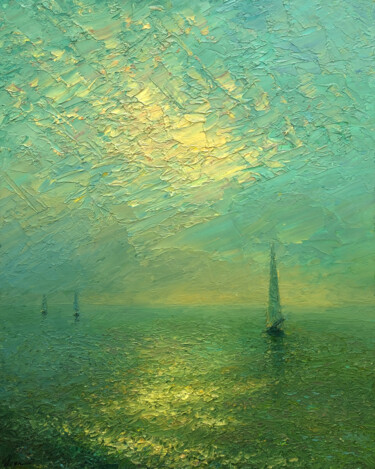 Malarstwo zatytułowany „Evening sea 3” autorstwa Dmitry Oleyn, Oryginalna praca, Olej Zamontowany na Drewniana rama noszy