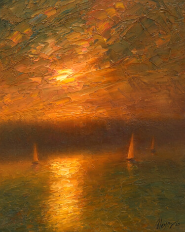 Painting titled "Sunset 15" by Dmitry Oleyn, Original Artwork, Oil Mounted on Wood Stretcher frame