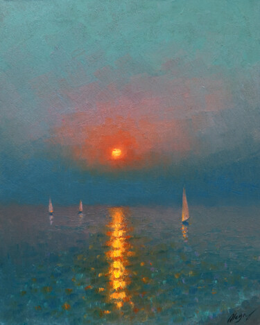 Schilderij getiteld "Sunset 14" door Dmitry Oleyn, Origineel Kunstwerk, Olie Gemonteerd op Frame voor houten brancard