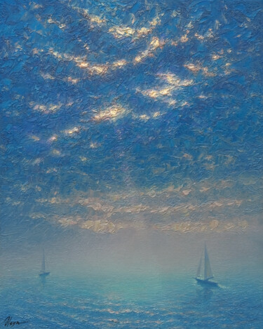 Schilderij getiteld "Evening sea" door Dmitry Oleyn, Origineel Kunstwerk, Olie Gemonteerd op Frame voor houten brancard