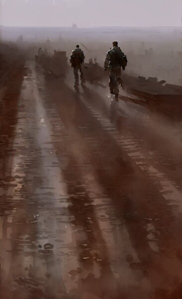 Digitale Kunst getiteld "Roads of war" door Dmytro Koptyev, Origineel Kunstwerk, AI gegenereerde afbeelding