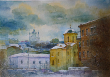 Painting titled "зимний город" by Anna Dobrodii, Original Artwork, Watercolor