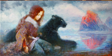 Картина под названием "синяя лагуна" - Анна Добродий, Подлинное произведение искусства, Масло Установлен на Деревянная рама…