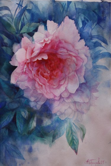 Картина под названием "Розовый пион" - Анна Добродий, Подлинное произведение искусства, Акварель Установлен на картон