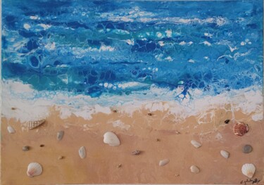 Painting titled "la plage dorée" by Dochka Mihova (Nikoleta), Original Artwork, Acrylic Mounted on Wood Stretcher frame