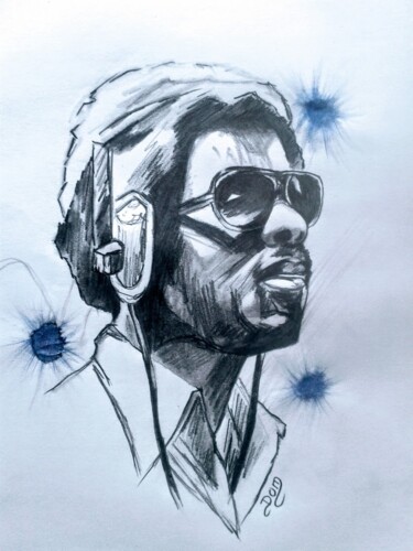 Drawing titled "STEVIE WONDER" by Dom Art 44, Original Artwork, Silverpoint Mounted on Glass