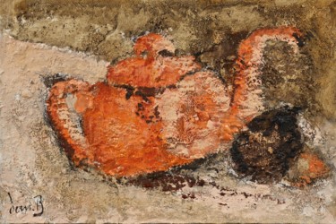 Peinture intitulée "Théière rouge aux f…" par Dominique Bertrand, Œuvre d'art originale, Huile
