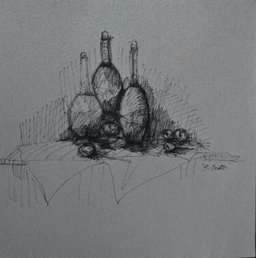 Drawing titled "BOUTEILLES SUR TABLE" by Dominique Corti, Original Artwork, Ink