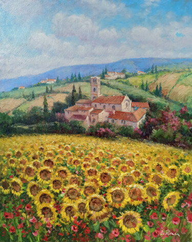 Painting titled "Village with sunflo…" by Domenico Ronca, Original Artwork, Oil Mounted on Wood Stretcher frame