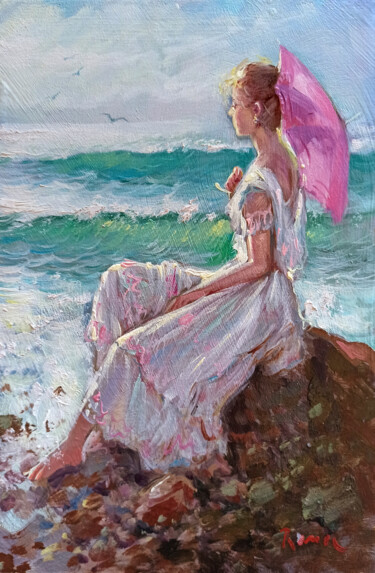 Painting titled "Girl on the beach r…" by Domenico Ronca, Original Artwork, Oil Mounted on Wood Stretcher frame
