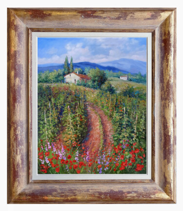 Painting titled "Toscana vineyard la…" by Domenico Ronca, Original Artwork, Oil Mounted on Wood Stretcher frame