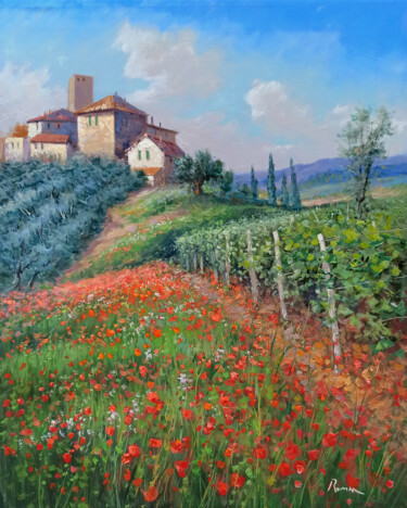 Malerei mit dem Titel "Vineyard & Poppies…" von Domenico Ronca, Original-Kunstwerk, Öl Auf Keilrahmen aus Holz montiert
