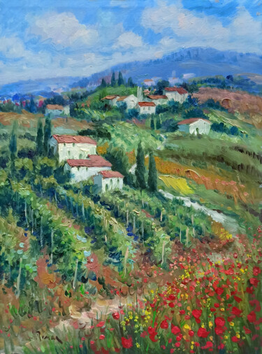 Painting titled "Vineyard valley - T…" by Domenico Ronca, Original Artwork, Oil Mounted on Wood Stretcher frame