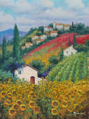 Painting titled "Blooming hills - Tu…" by Domenico Ronca, Original Artwork, Oil Mounted on Wood Stretcher frame