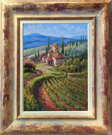 Painting titled "Down the vineyard -…" by Domenico Ronca, Original Artwork, Oil Mounted on Wood Stretcher frame