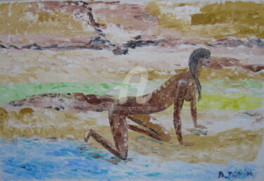Peinture intitulée "lionne-sur-la-plage…" par Bertrand Domin, Œuvre d'art originale, Huile