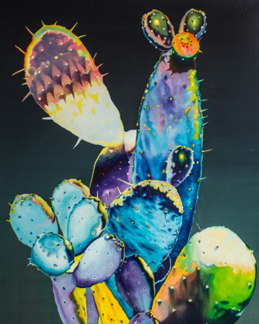 「Psychedelic Cactus」というタイトルの絵画 Dominic Virtosuによって, オリジナルのアートワーク, オイル ウッドストレッチャーフレームにマウント