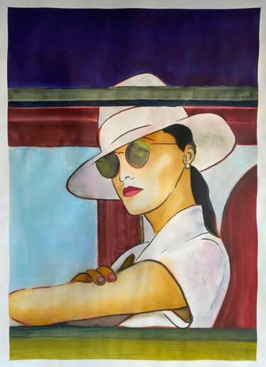 Schilderij getiteld "La Dame au Panama" door Dominique Cointrel, Origineel Kunstwerk, Aquarel Gemonteerd op Frame voor houte…