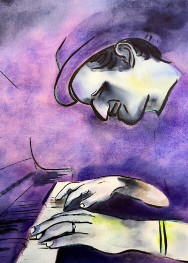 Картина под названием "Jazz Purple" - Dominique Cointrel, Подлинное произведение искусства, Акварель Установлен на Деревянна…