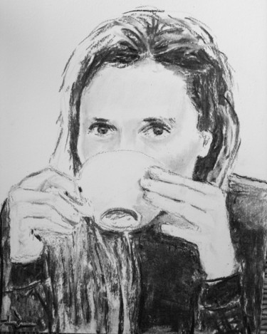 Drawing titled "Coffee break" by Dominique Dève, Original Artwork, Charcoal
