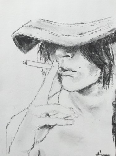 Drawing titled "Maria Smoking Girl" by Dominique Dève, Original Artwork, Charcoal