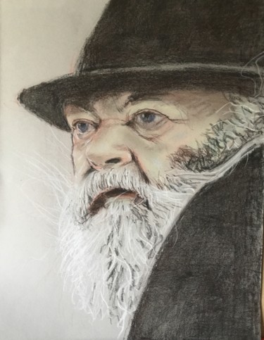 Tekening getiteld "Old Man With A Hat" door Dominique Dève, Origineel Kunstwerk, Pastel