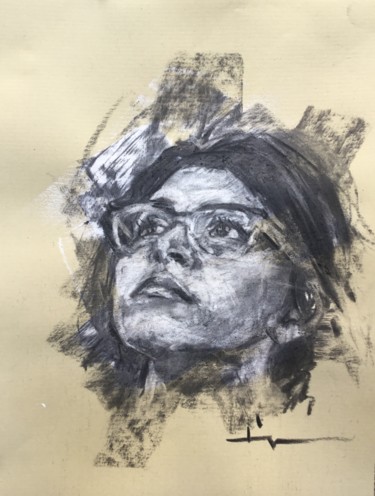 Drawing titled "Woman WithGlasses" by Dominique Dève, Original Artwork, Charcoal