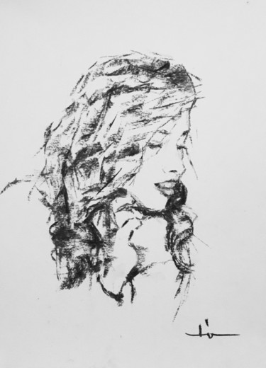 Рисунок под названием "Hair Study" - Dominique Dève, Подлинное произведение искусства, Древесный уголь