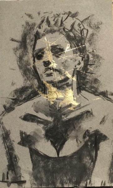 Dessin intitulée "Golden Darkness 1" par Dominique Dève, Œuvre d'art originale, Fusain