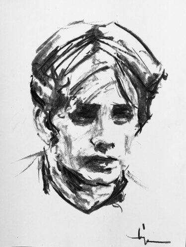 Drawing titled "Le Cycliste" by Dominique Dève, Original Artwork, Charcoal