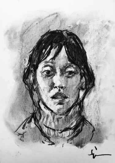 Рисунок под названием "Hommage à Shelley D…" - Dominique Dève, Подлинное произведение искусства, Древесный уголь