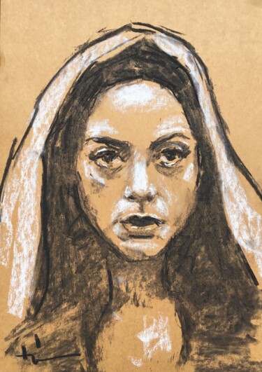 Drawing titled "Agatha" by Dominique Dève, Original Artwork, Charcoal