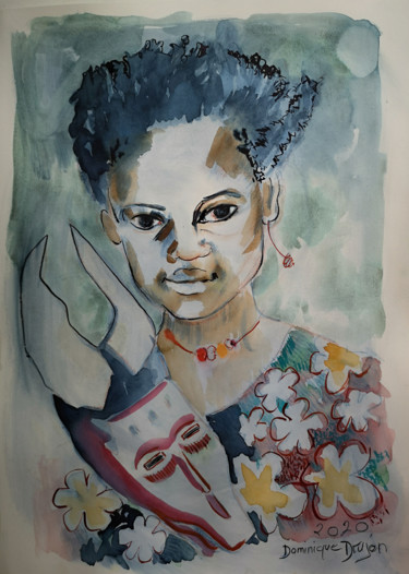 Painting titled "Petite fille au Mas…" by Dominique Drujon, Original Artwork, Watercolor