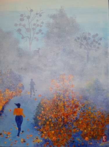 Painting titled "Running en sous-bois" by Dominique Hernandez, Original Artwork, Acrylic