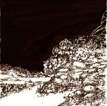 Drawing titled "Paysage, nuit, roch…" by Dominique Leblanc, Original Artwork, Ink