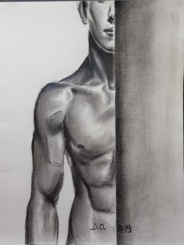 Drawing titled "Cache cache" by Dominique Obry, Original Artwork, Charcoal