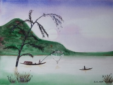 Картина под названием "aquarelle pêcheurs…" - Dominique Obry, Подлинное произведение искусства, Акварель